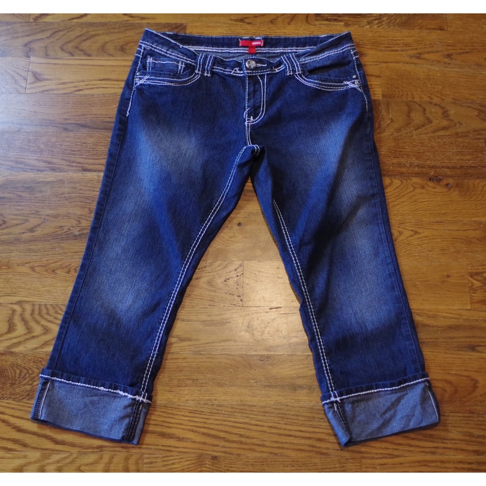 Bongo Womens Dark Wash Contrast Stitch Capri Jeans Blue Denim Size 15 Cuffed Y2K